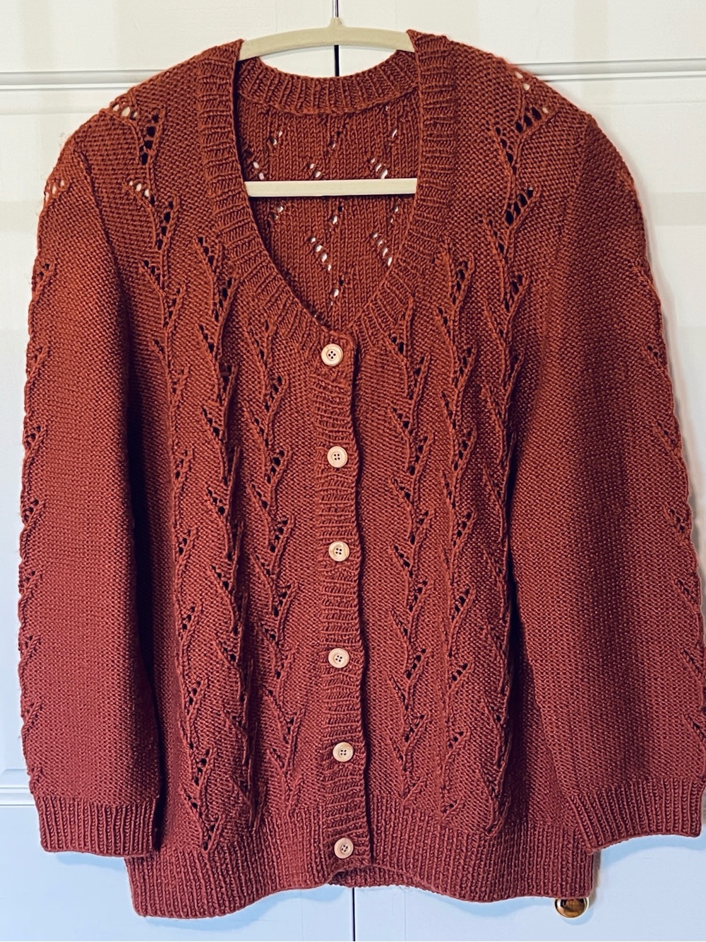 Rust cardigan sweater, Merino Wool blend, lace design, hand knit, Women’s XL
